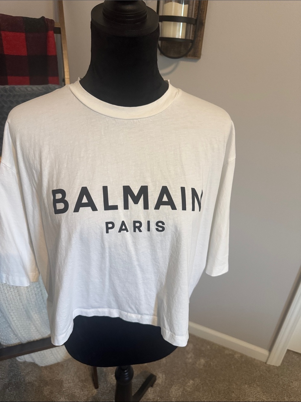 Balmain White Cropped Short-Sleeve Logo Tee with Black Print